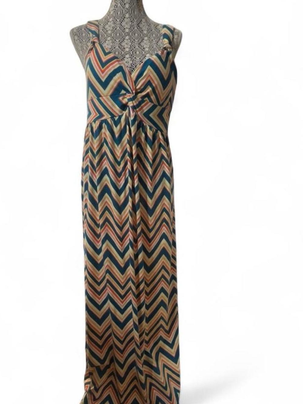 Allison Brittney Teal, Tan & Coral Chevron Maxi Dress